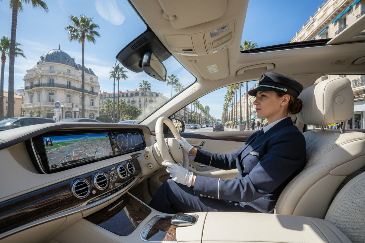 chauffeur femme a bord d'une mercedes, vu depuis les siège passager, route urbaine française type ville de cannes 